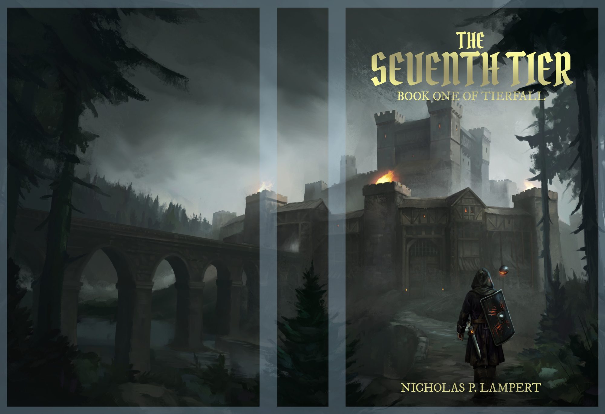 The full cover wrap: a hooded figure with a rune-marked shield approaches a burning stone fortress on the front, a ruined arched bridge in mist across the back.