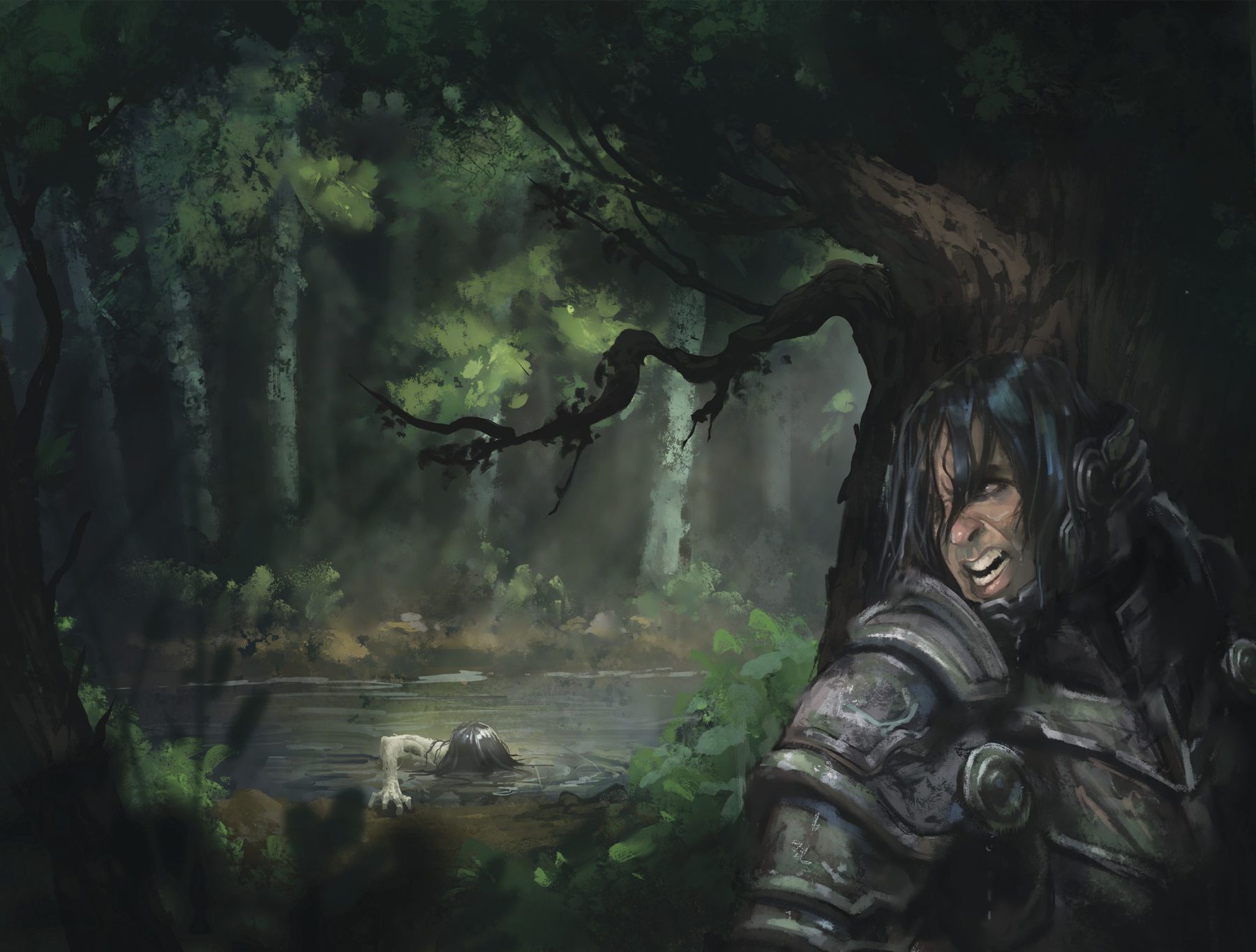 Endpaper illustration: an armoured figure watches from beneath a great tree as light falls across a still forest pool.