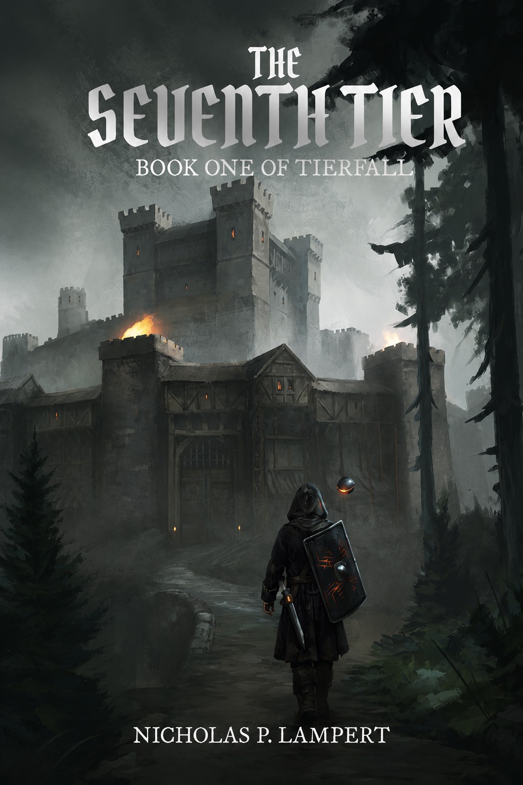 Cover art for The Seventh Tier: a lone hooded figure carrying a rune-marked shield walks a dark forest path toward a burning stone fortress.